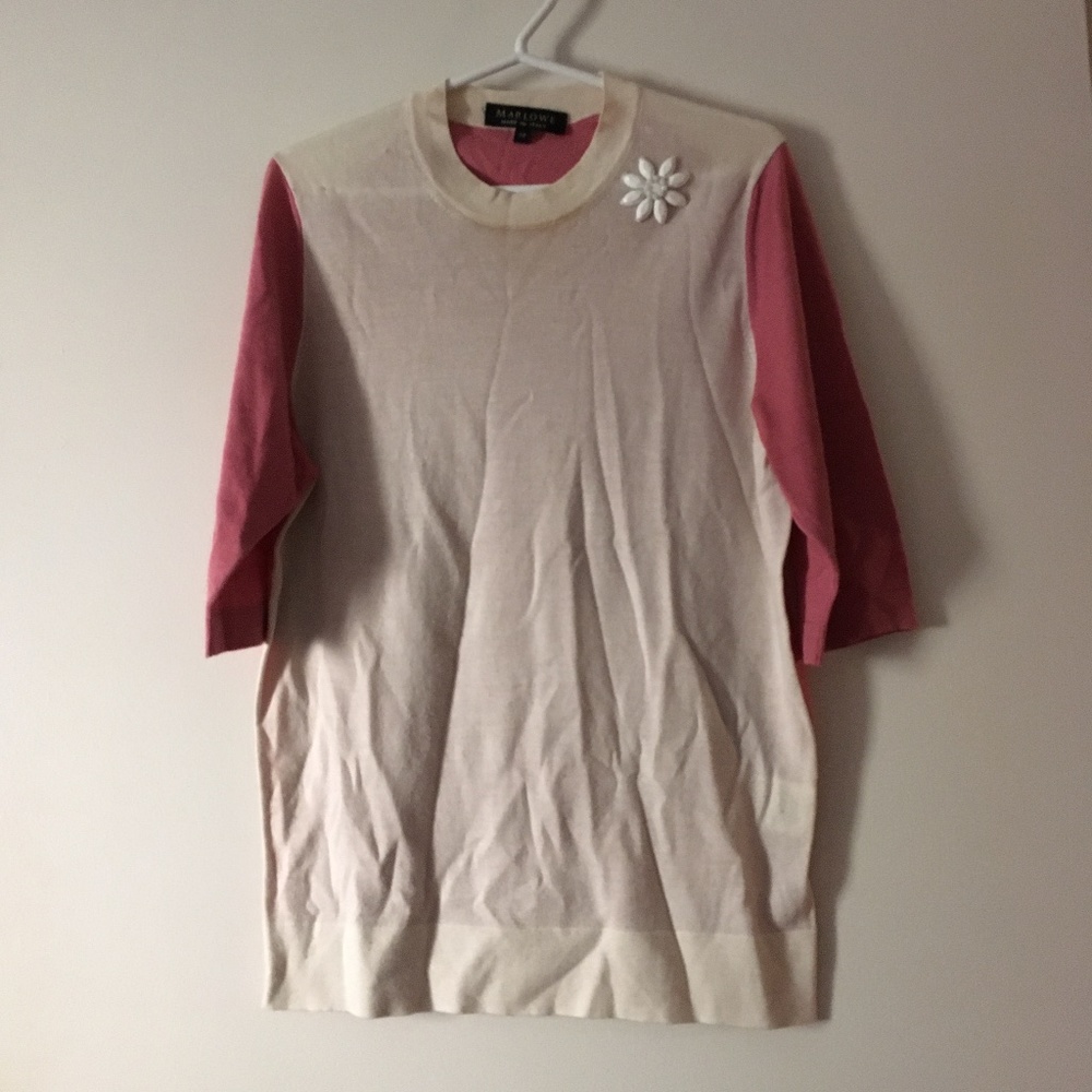 MARLOWE 70% Cashmere + 30% Silk Pink + Cream Crew Flower Sweater XS